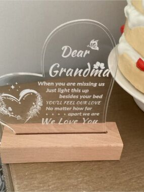 Dear Grandma Acrylic Heart Plaque with Wooden Base - Clear
